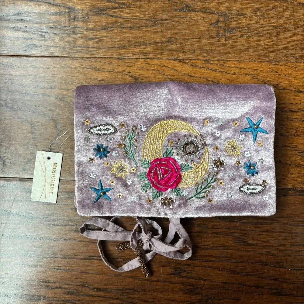 NWT World Market Celestial Beaded Velvet Jewelry Roll Cosmetic Organizer Pouch